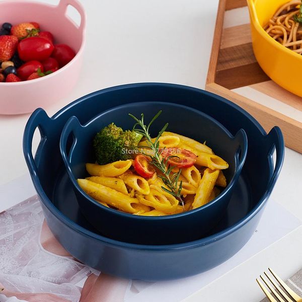 

creative ceramic baking bowl solid color double ear hollow glaze tableware wax glazed soup large capacity household use bowls