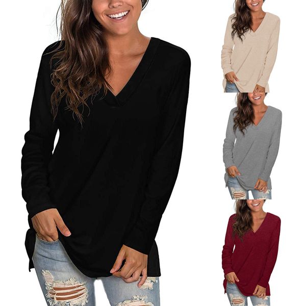 

2021 v-neck t-shirt female loose black student spring and autumn long sleeve base coat, White