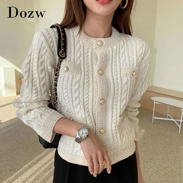 

women's knits & tees korean style chic knit cardigan women autumn winter o neck twist sweater sweet pearl button long sleeve outerwear, White