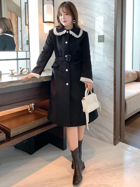 

fashion retro splicing lace collar in long cloth coat women's winter plus sizes large size two piece pants, White