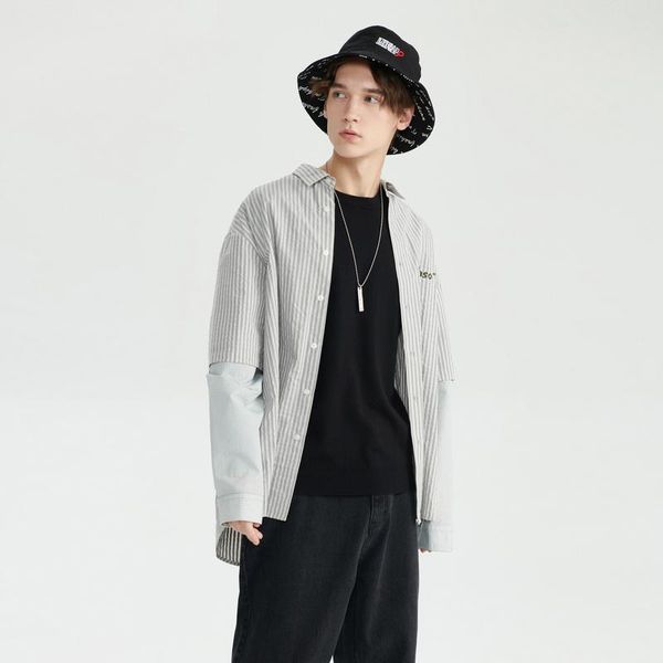 

men's casual shirts 2021 spring autumn brand designer fashion chic stripe patchwork long sleeves shirt for men male blouse, White;black