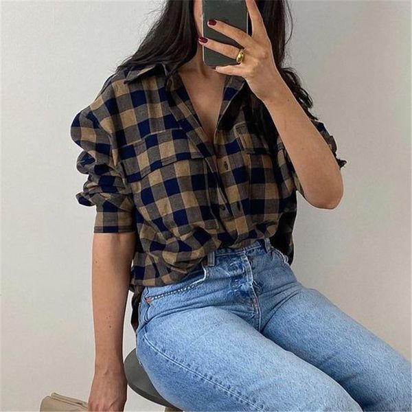 

plaid long sleeve elegant shirt button vintage blouse turn down collar office ladies female dissymmetry casual 210430, White