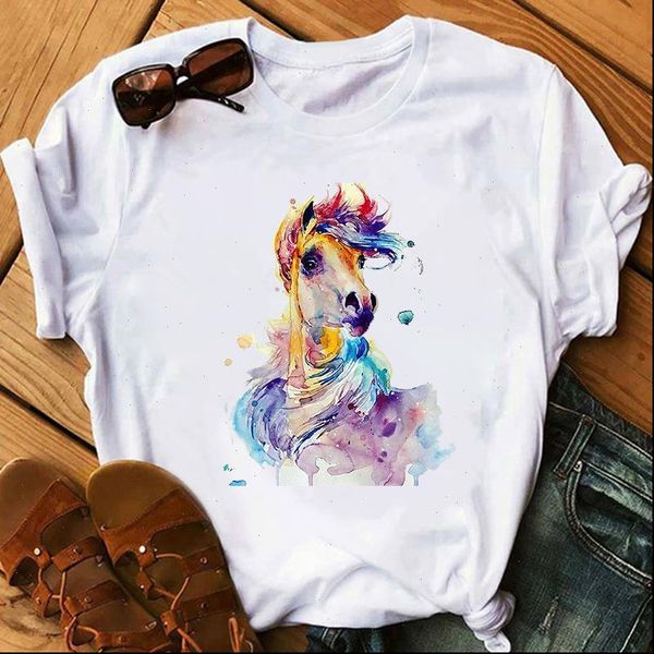 

funny horse print wild short women t shirts sleeved harajuku graphic summer tee camisetas, White