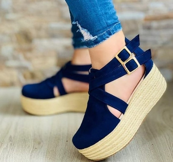 

womens sandals vintage wedge shoes woman buckle strap straw thick bottom flats platform sandals flock female shoes summer 2021, Black