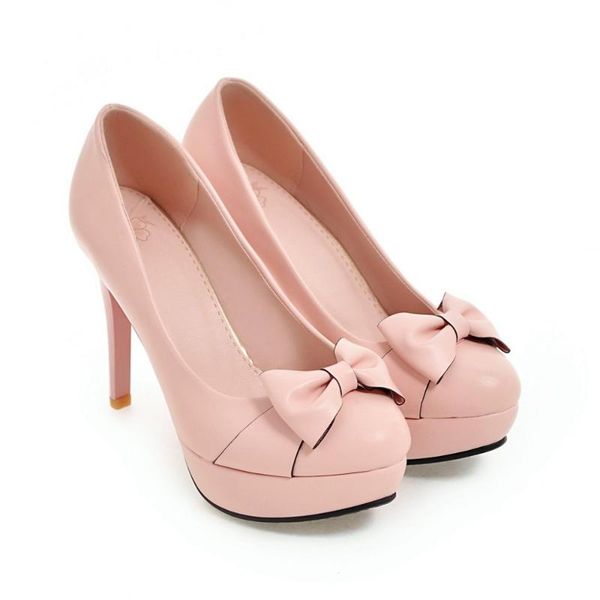

big size 31-43 spring & autumn women solid butterfly-knot platform heels pumps 3 colors dress shoes, Black