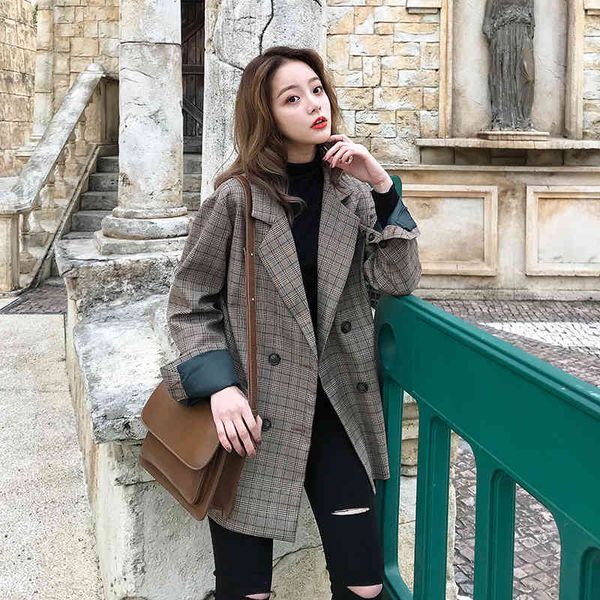 

spring autumn vintage double breasted office ladies plaid blazer long sleeve loose retro suits coat jacket women female 210514, White;black