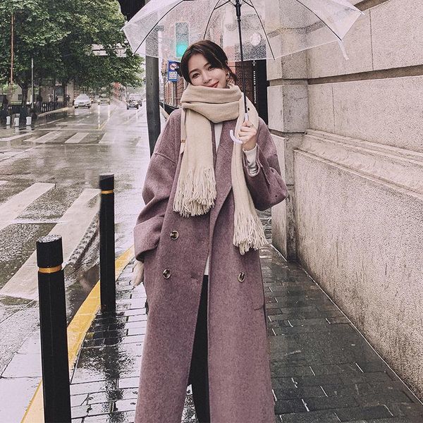 

women's wool & blends medium length woolen coat korean loose, Black