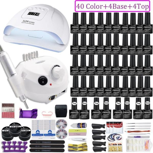 

led lamp nail set acrylic kit 40&20 colors gel polish manicure with 35000/20000 rpm drill machine art tool1