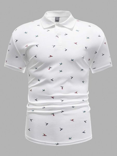 

men bird print button front polo shirt l7l5#, White;black