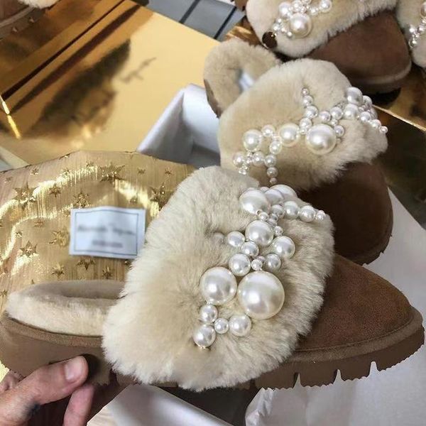 

winter fairy beads fur mules femme furry slides 2021 cozy warm plush shoes for women sandals pearl cover toe slippers, Black