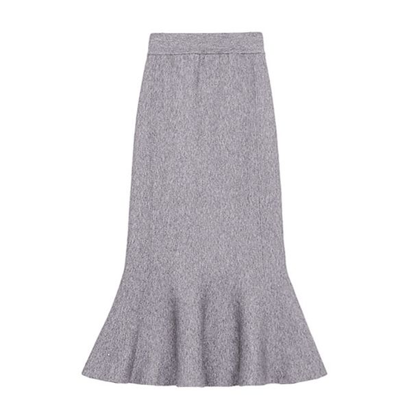 

women knitted skirts mermaid gray beige solid midi mid-calf autumn winter spring chic elegant trumped elastic s0246 210514, Black