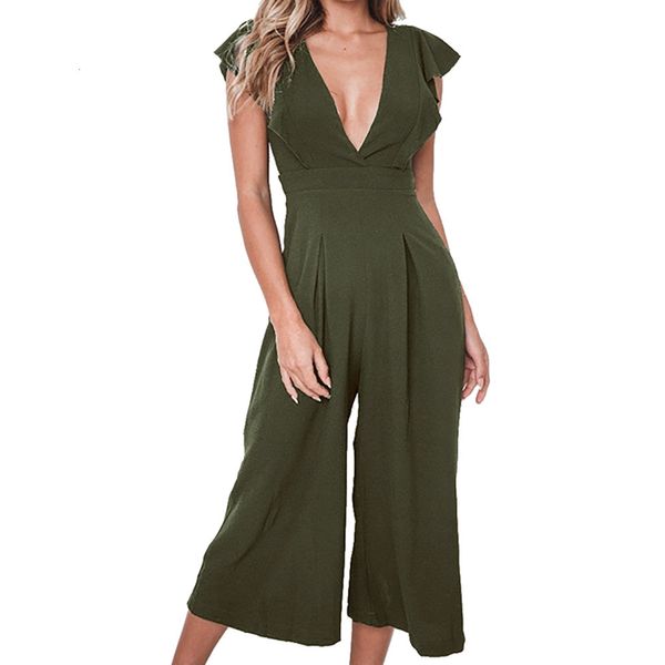 

elegant ruffles jumpsuit women deep v beach party rompers solid short sleeve long office overalls belt combinaison femme#ss, Black;white
