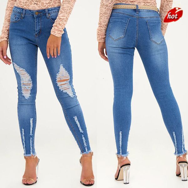

women's jeans plus size ripped elasticity women`s denim skinny high waist stretchy pencil woman o8r2 x2vs, Blue