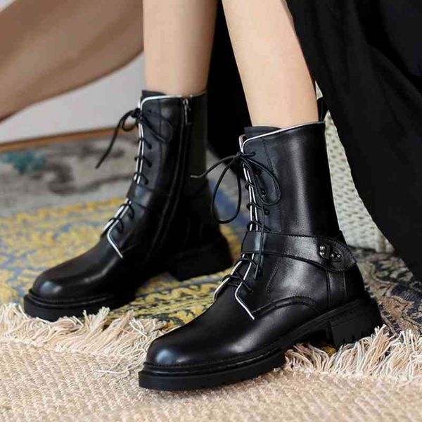 

winter full leather retro boots round toe low-heel cross strap buckle motorcycle boots cross strap flat women boots 210507, Black