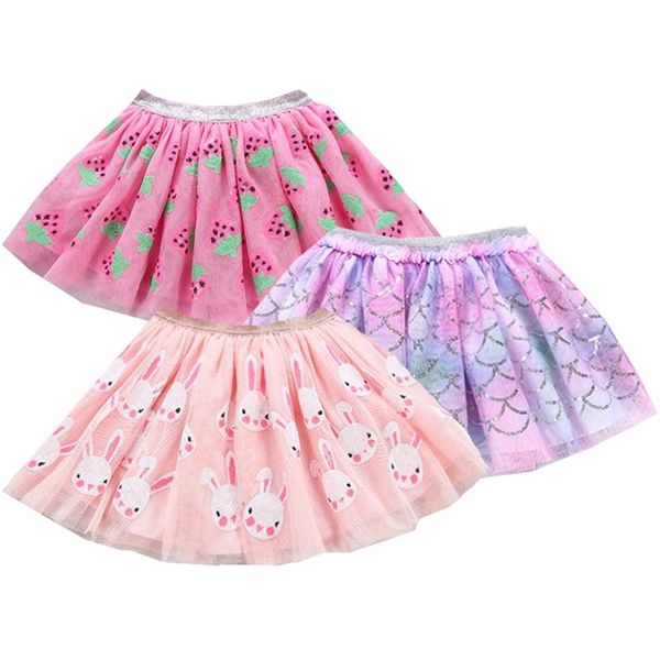 1-7Y Baby Mode Druck Tutu Tüll für Mädchen Regenbogen Pailletten Röcke Kinder Tanzen Voile Tutus Mädchen Glänzend rock 210417