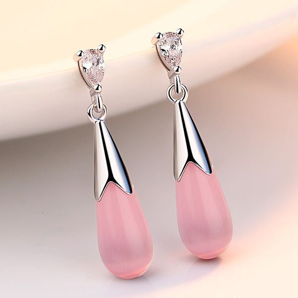 

silver plated earrings women's middle long cat's eye stone eggplant earrings women's day korea water drop earrings, Golden;silver