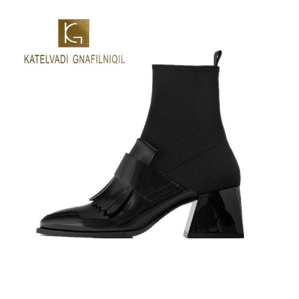 

boots katelvadi genuine leather women ankle fashion slip on thick heel shoes casual female size 35-40 jy-002, Black