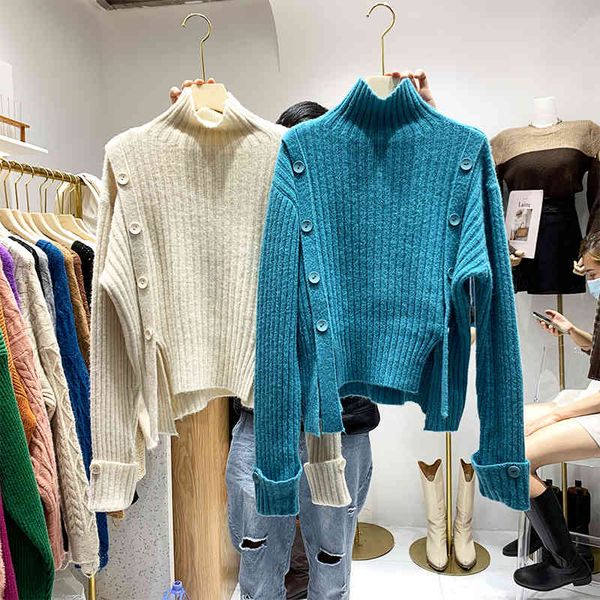 

sweaters womens button turtle design hood neck asymmetric hem pullover wrap d948, White;black