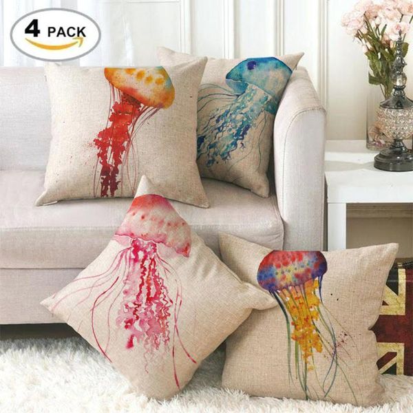 

cushion/decorative pillow 4pc watercolor series cushion cover jellyfish pattern linen pillowcase home decorative covers