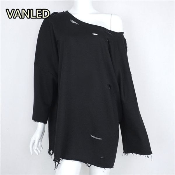 

women's hoodies & sweatshirts new casual solid color frayed holes long o-neck soft pullovers tgxl, Black