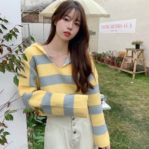 

women's sweaters korean fashion jumper lady v neck long sleeve short length casual knit women loose street striped hooded sweater autum, White;black