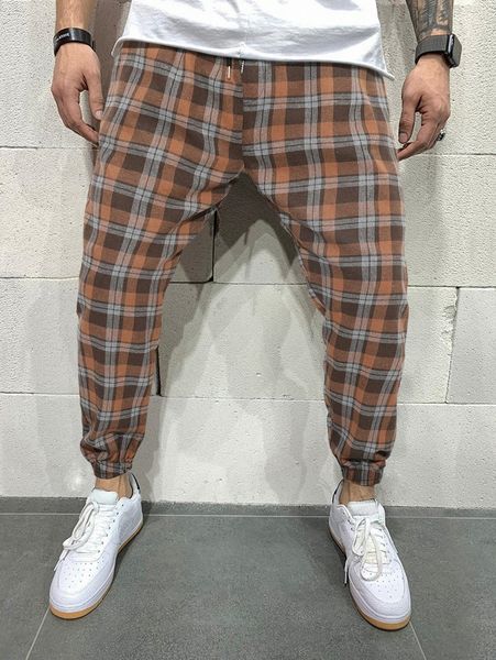

men plaid print drawstring waist pants r1vk#, Black