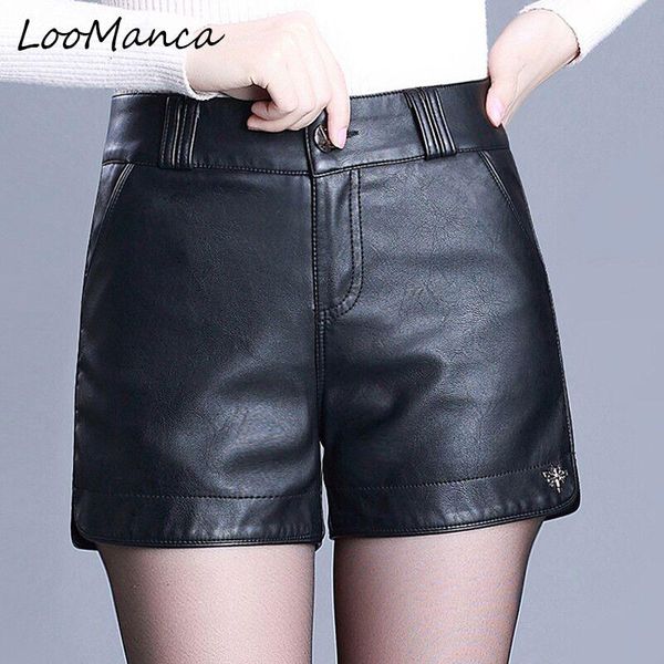 

women's shorts fashion women autumn winter pu leather 2021 casual straight short pants high waist for plus size, White;black