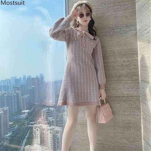 

autumn winter elegant vintage long sleeve plaid knitted mini dress women bow pockets buttons korean slim sweater dresses 210518, Black;gray