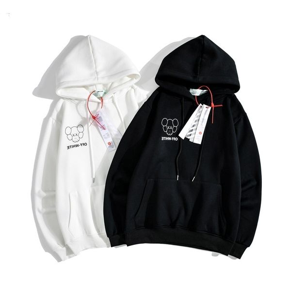 

white fashion off 2021 new hooded men's and women's lovers' printed casual loose plush sweater, Black