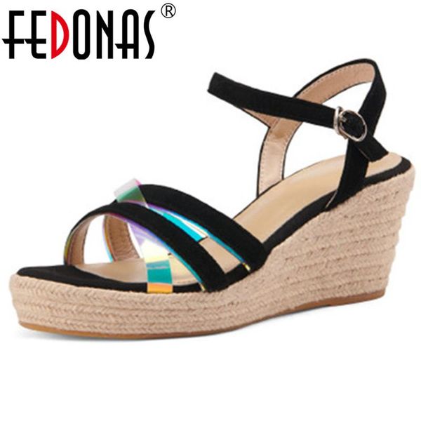 

dress shoes fedonas suede leather wedged platform women sandals 2021 fashion est high heels pumps buckles wedding party woman, Black