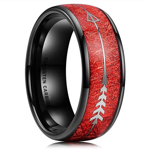 

cluster rings fashion 8mm men's black tungsten carbide ring red meteorite inlaid arrow men wedding engagement band jewelry gift, Golden;silver