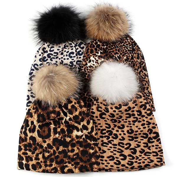 Berets Geebro Women Fashion Fashion Leopard Print Skullies Beanies Мужчины теплые мягкие эластичные шляпы с 15 см настоящим мехом Compom Cap Unisex для взрослых капота