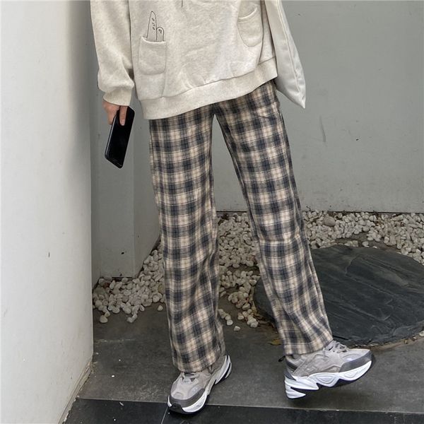 

winter harajuku woolen women plaid vintage high waist casual trousers streetwear hip hop female korea loose wide leg pants, Black;white