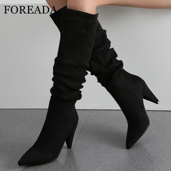 

boots foreada extreme high heel woman pointed toe knee spike long pleated female shoes winter black 34-43