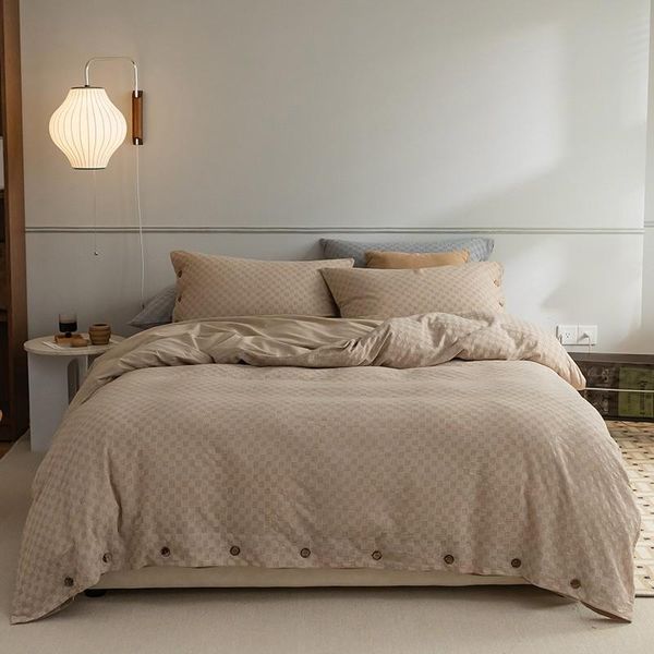 

bedding sets washed cotton twin double  king duvet cover with button waffle weave grey soft 4pcs set bed sheet pillowcases