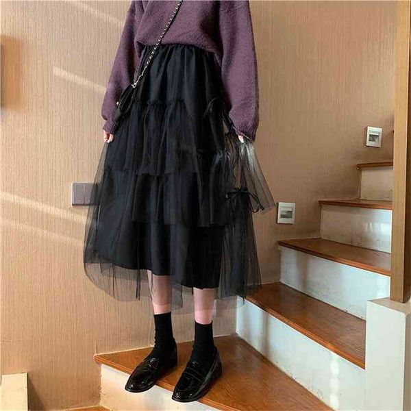 Retro alta cintura festa tutu saia kawaii irregular inchado tulle longo preto estilo coreano mulheres midi malha doce deusa 210421