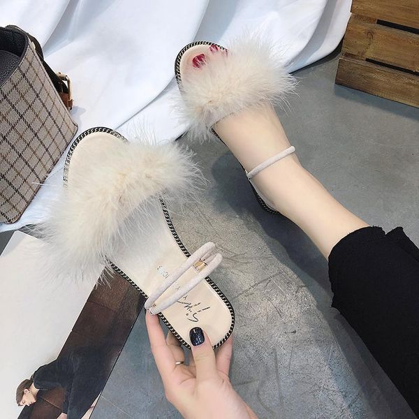 

shoes women lady female slippers slides fashion fur flip flops flip-flops soft girl 2021 luxury flat plush hawaiian rome scanda, Black