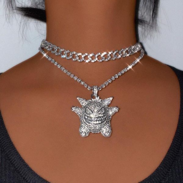 

chains iced out paved rhinestones cuban chain necklaces for women hip hop ghost crystal pendant punk rapper jewelry gifts, Silver