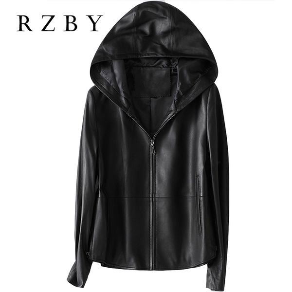 

rzby women 100% real sheepskin coat hooded jacket spring fashion genuine leather jackets chaqueta mujer 211204, Black