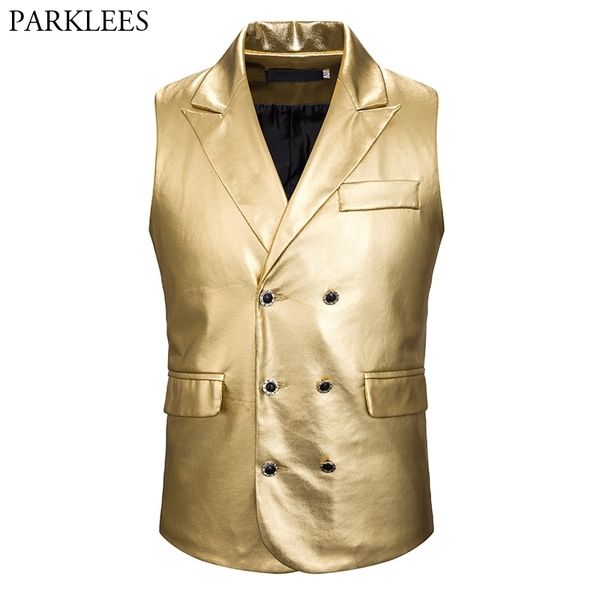 Gilet da uomo con risvolto metallizzato rivestito in oro Gilet doppio petto Gilet da uomo Stage Prom Stage Chalecos Para Hombre 210522