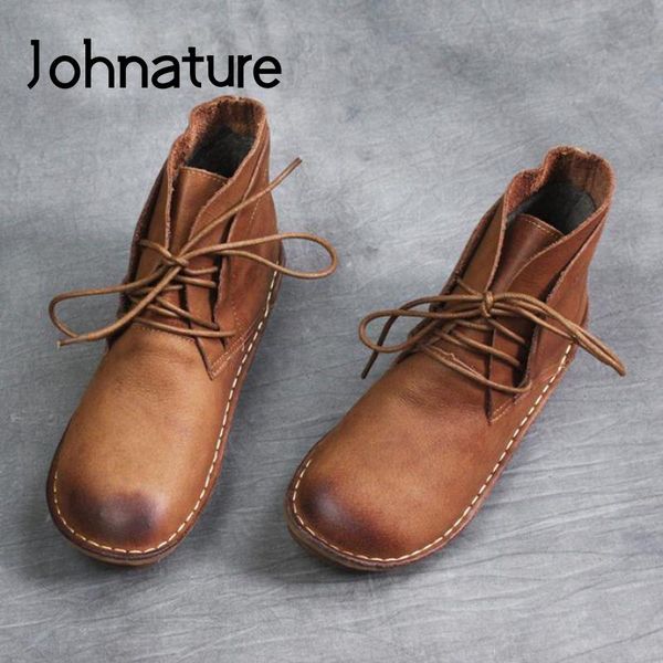 

boots johnature winter women genuine leather shoes lace-up sewing handmade vintage flat with concise leisure platform, Black