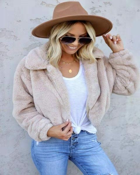 

thick ffy cropped lapel fleece casual jacket winter soft fur for women elegant stuffed coat, Black