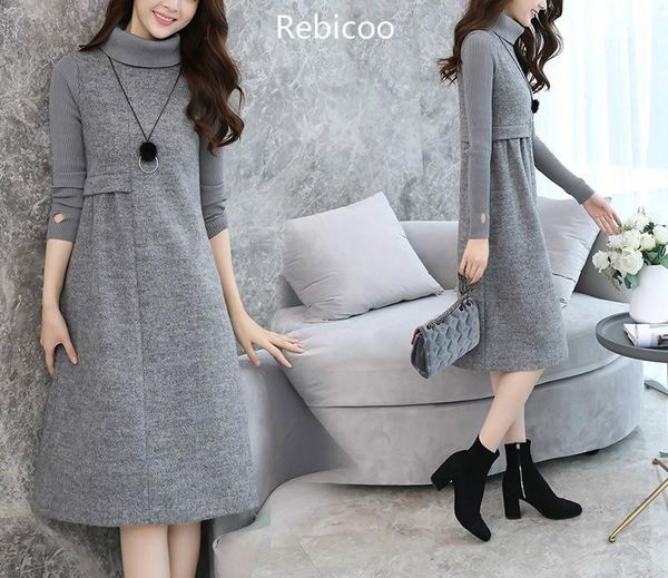 

casual dresses winter woolen dress long sleeve women's turtleneck elegant patchwork a-line sweater thick midi plus size, Black;gray