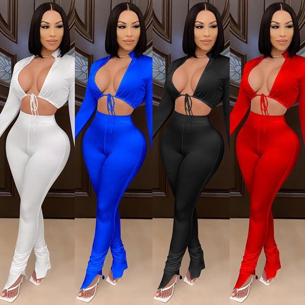 

fashion spring solid two womens tracksuits piece outfits petal sleeve cut out slit trousers matching tracksuit, Gray