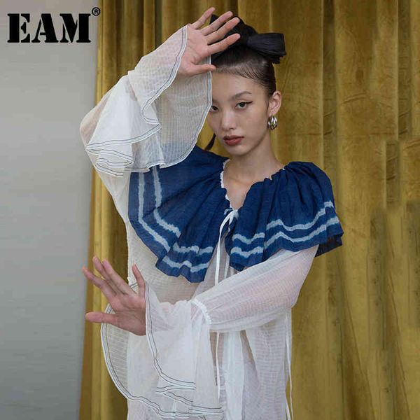

[eam] women white striped perspecitve long big size dress v-neck long sleeve loose fit fashion spring autumn 1da925 21512, Black;gray