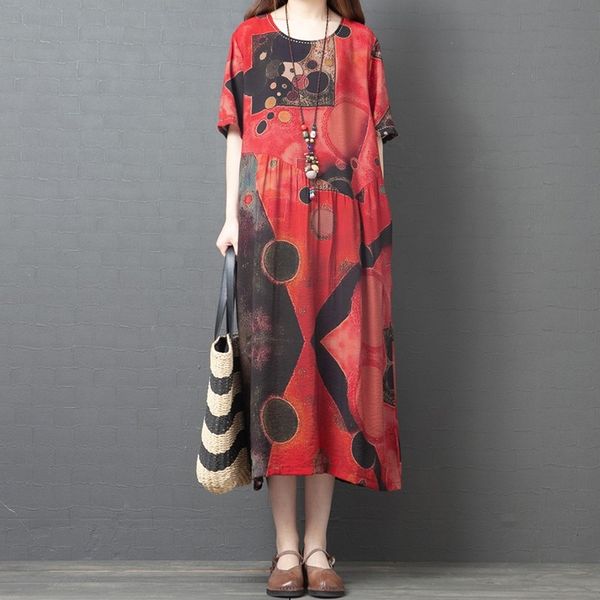 

vintage chinese womens dress loose plus size summer clothes cotton and linen long robe womens dresses new arrival 2021 11346, Red