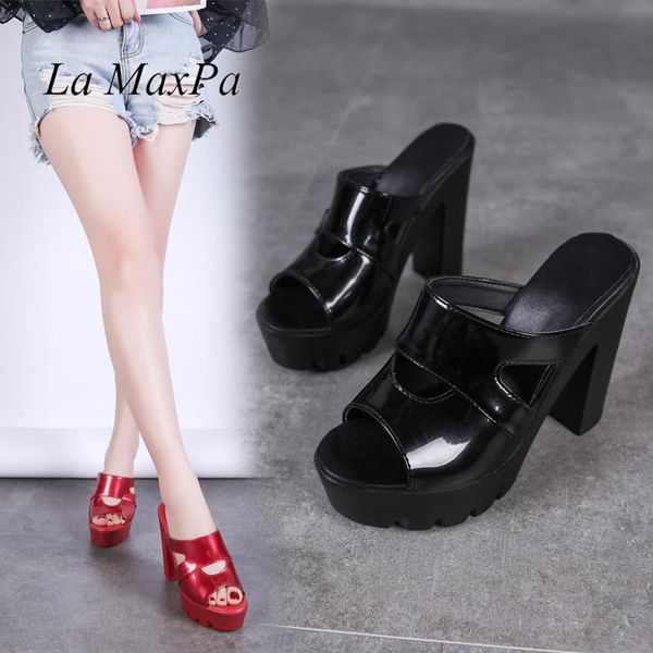 

slippers open toe block heels platform shoes woman summer 2021 patent leather slides high ladies black zapatos de mujer