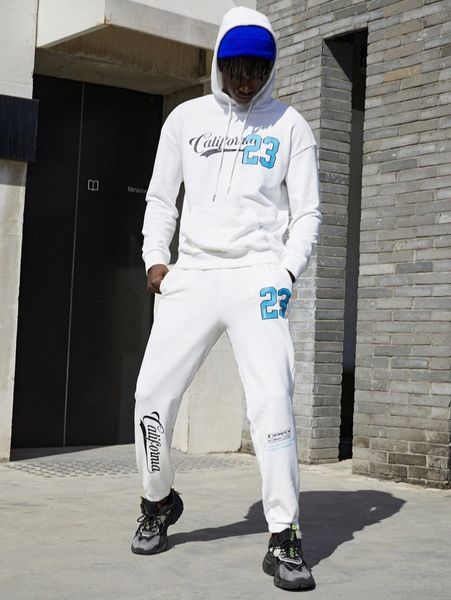 

men letter & number print hoodie and sweatpants set o3mk#, Gray