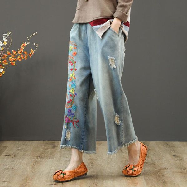 

loose high waist jeans woman vintage embroidery ripped for women denim wide leg pants streetwear ladies femme c5633 women's, Blue