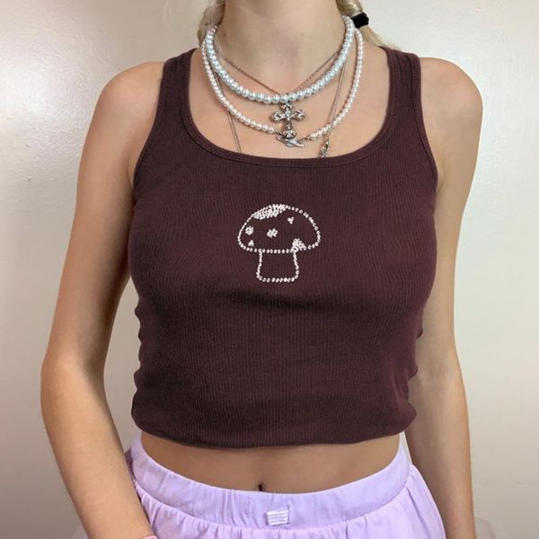 

indie aesthetics mushroom diamond straped brown y2k vintage u-neck sleeveless tank 90s streetwear outfits slim women's tanks & cami, White